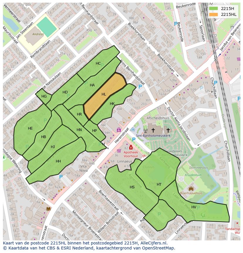 Afbeelding van het postcodegebied 2215 HL op de kaart.