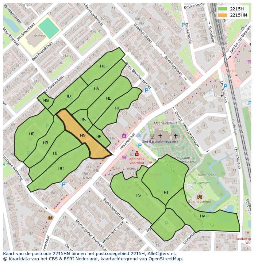 Afbeelding van het postcodegebied 2215 HN op de kaart.