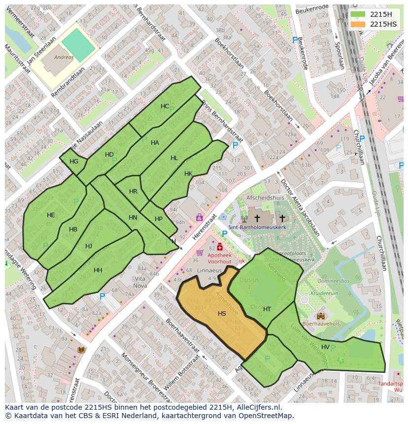 Afbeelding van het postcodegebied 2215 HS op de kaart.