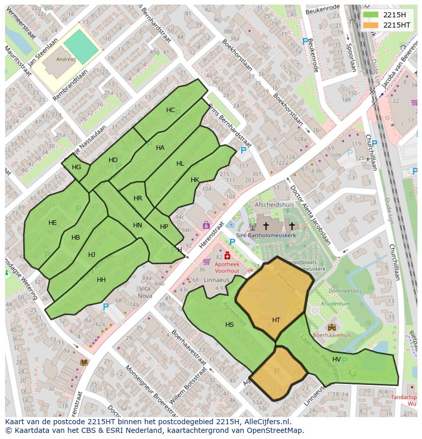 Afbeelding van het postcodegebied 2215 HT op de kaart.