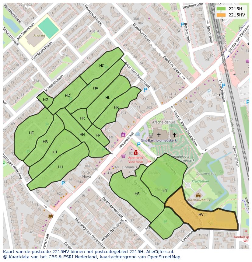 Afbeelding van het postcodegebied 2215 HV op de kaart.