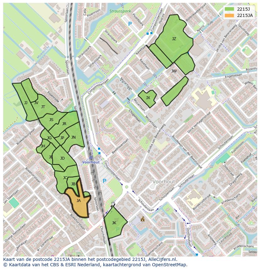 Afbeelding van het postcodegebied 2215 JA op de kaart.