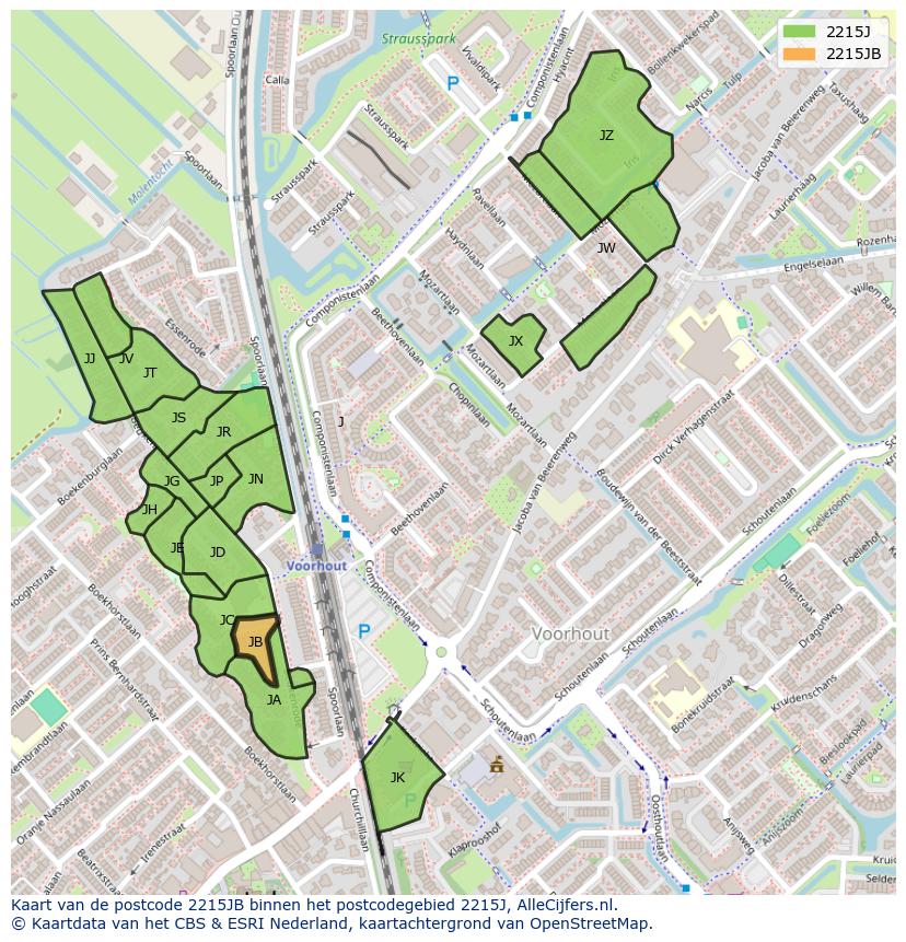 Afbeelding van het postcodegebied 2215 JB op de kaart.