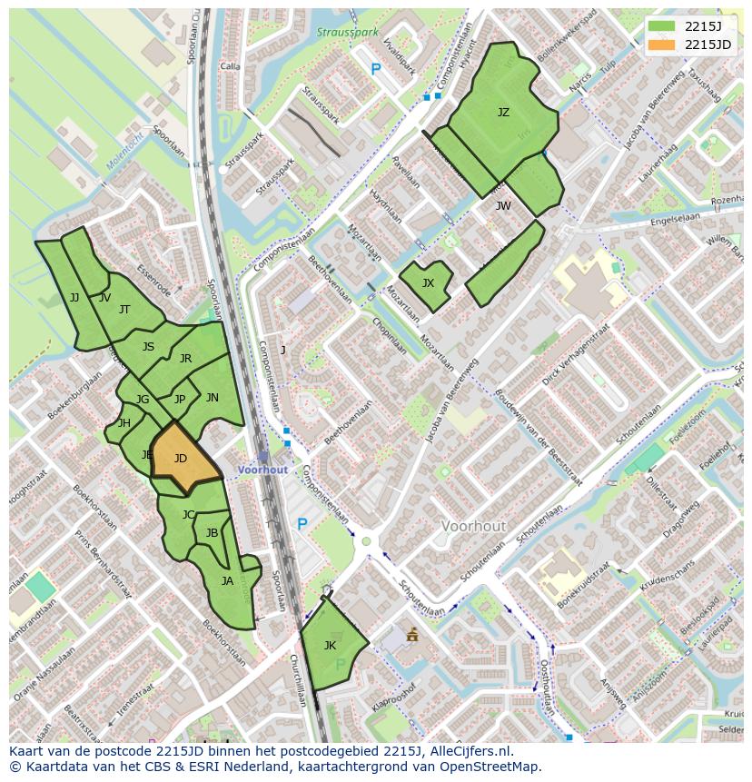 Afbeelding van het postcodegebied 2215 JD op de kaart.