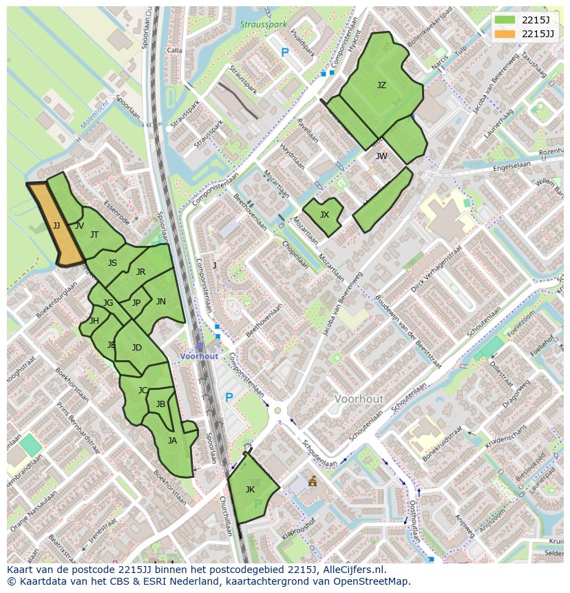 Afbeelding van het postcodegebied 2215 JJ op de kaart.