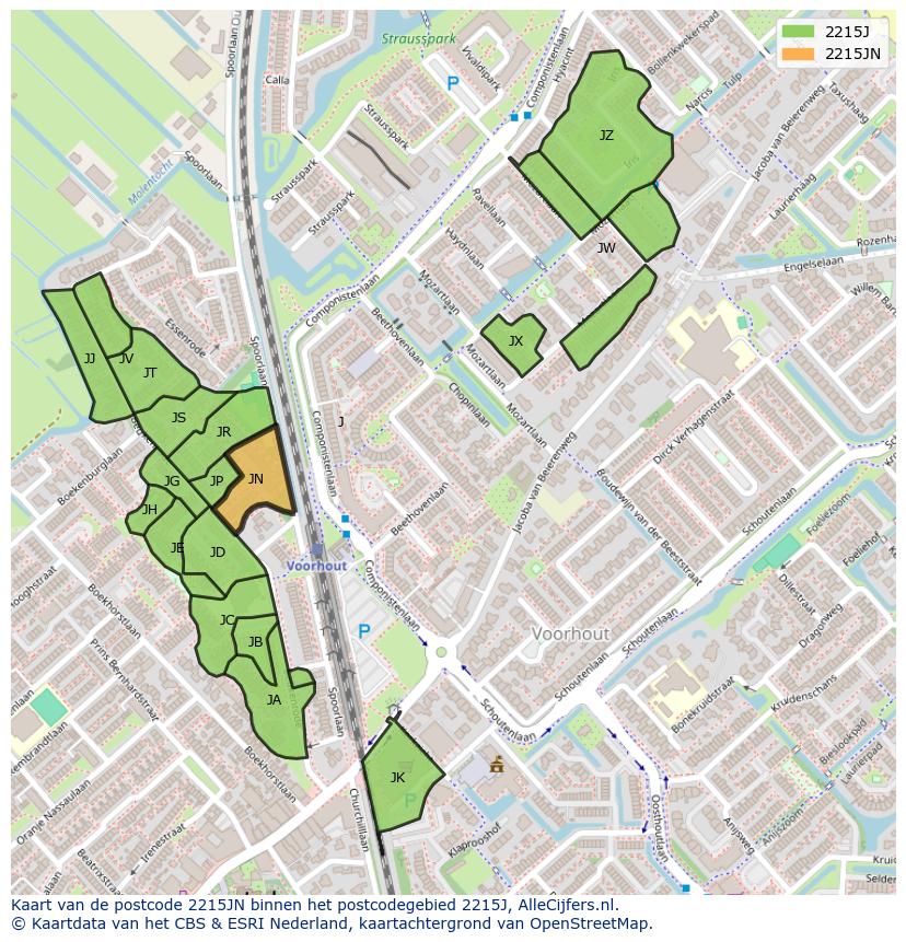 Afbeelding van het postcodegebied 2215 JN op de kaart.