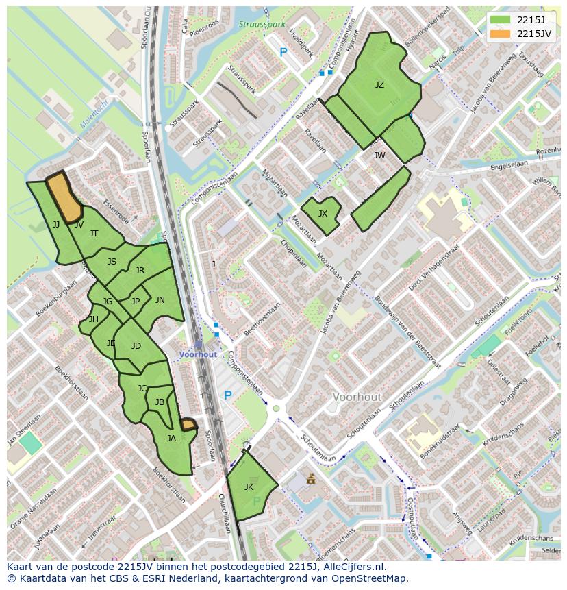 Afbeelding van het postcodegebied 2215 JV op de kaart.