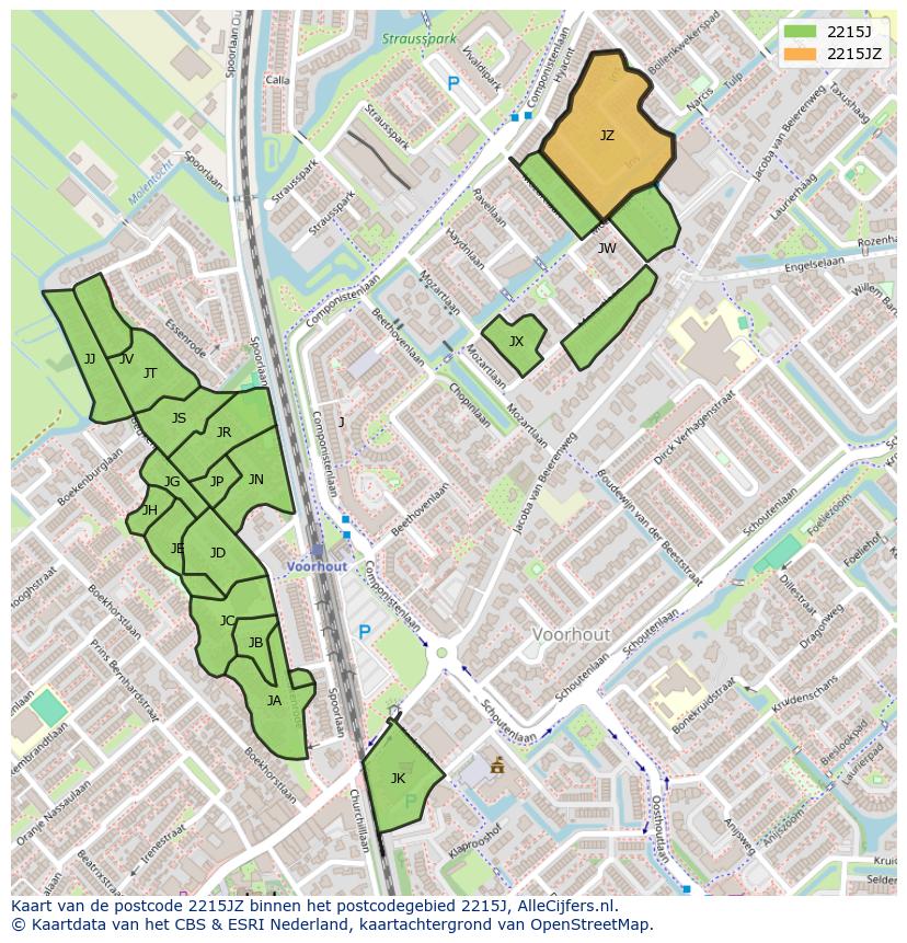 Afbeelding van het postcodegebied 2215 JZ op de kaart.
