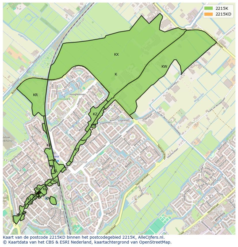 Afbeelding van het postcodegebied 2215 KD op de kaart.