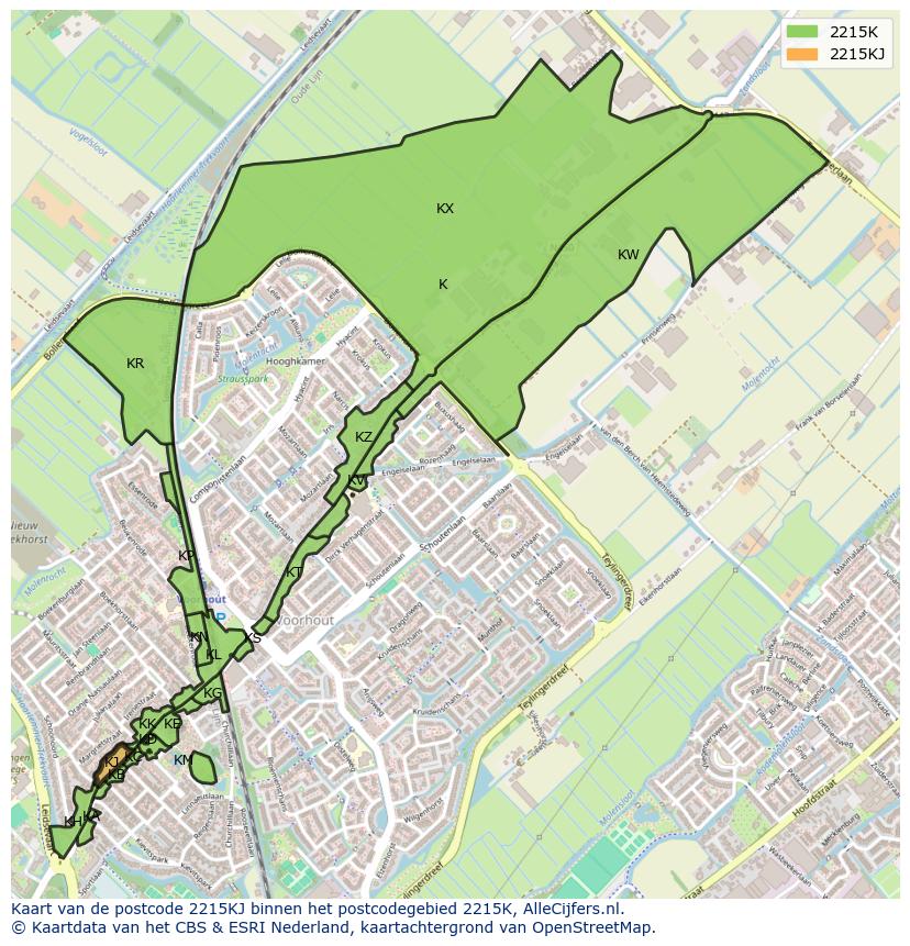 Afbeelding van het postcodegebied 2215 KJ op de kaart.