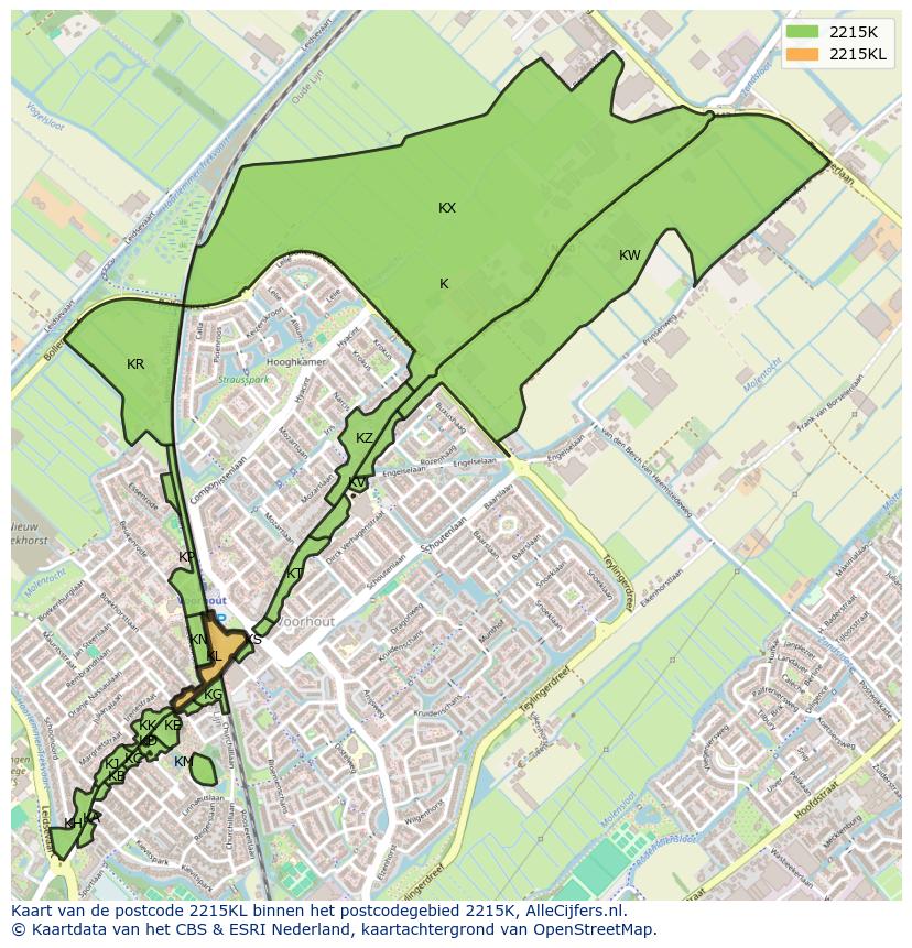 Afbeelding van het postcodegebied 2215 KL op de kaart.