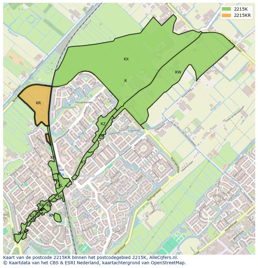 Afbeelding van het postcodegebied 2215 KR op de kaart.