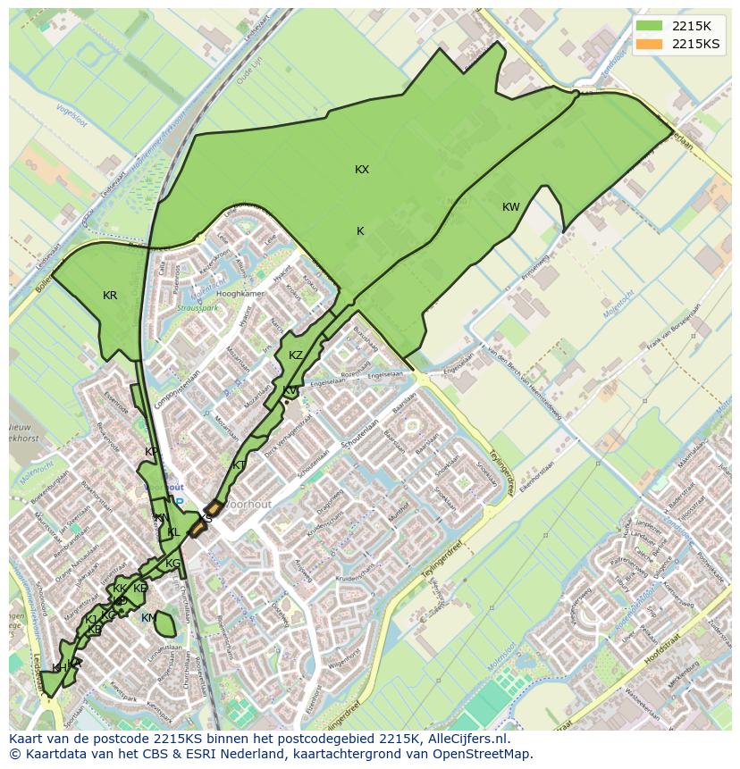 Afbeelding van het postcodegebied 2215 KS op de kaart.