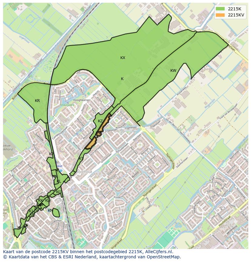 Afbeelding van het postcodegebied 2215 KV op de kaart.