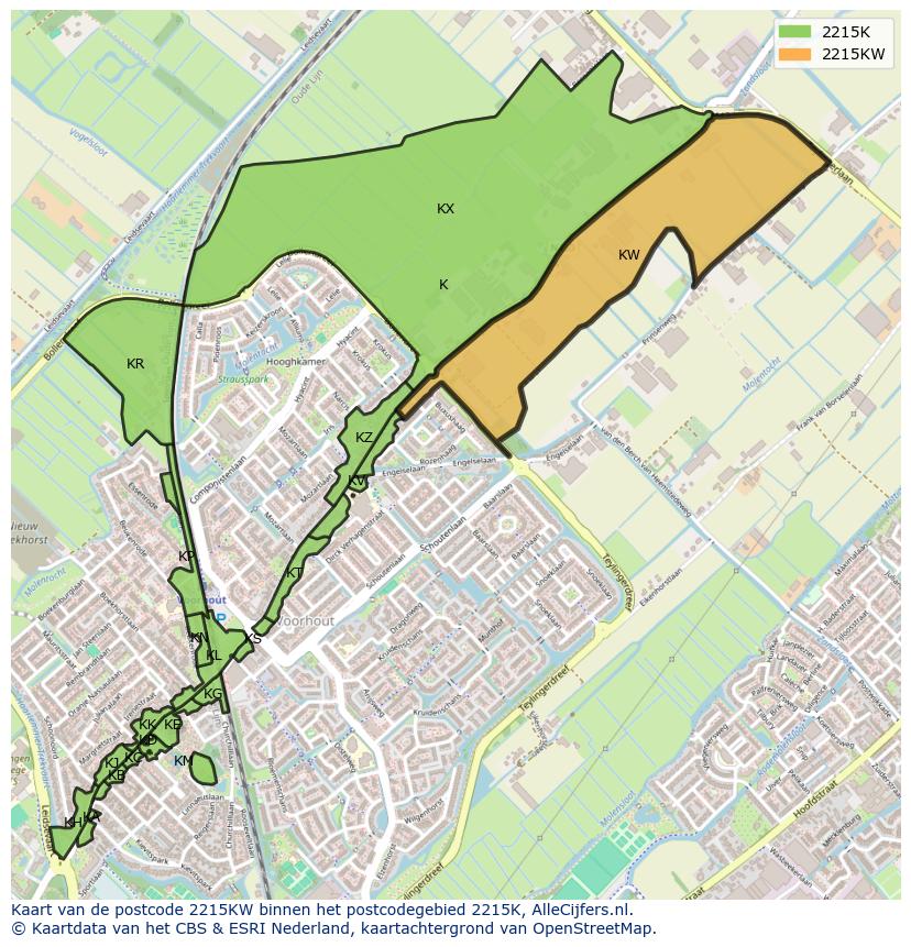 Afbeelding van het postcodegebied 2215 KW op de kaart.