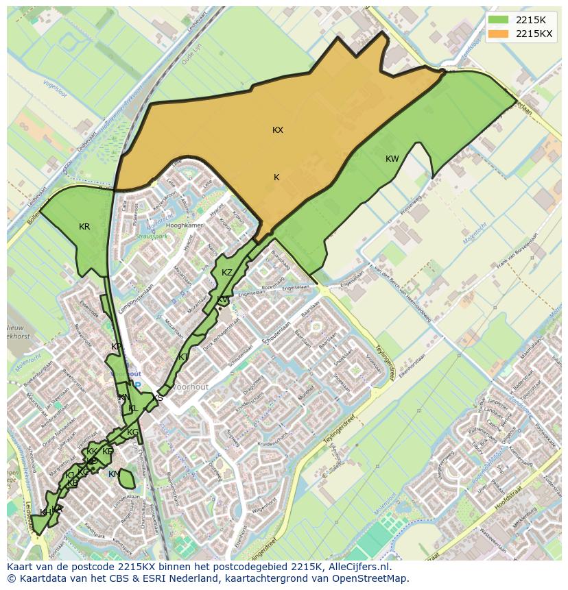 Afbeelding van het postcodegebied 2215 KX op de kaart.