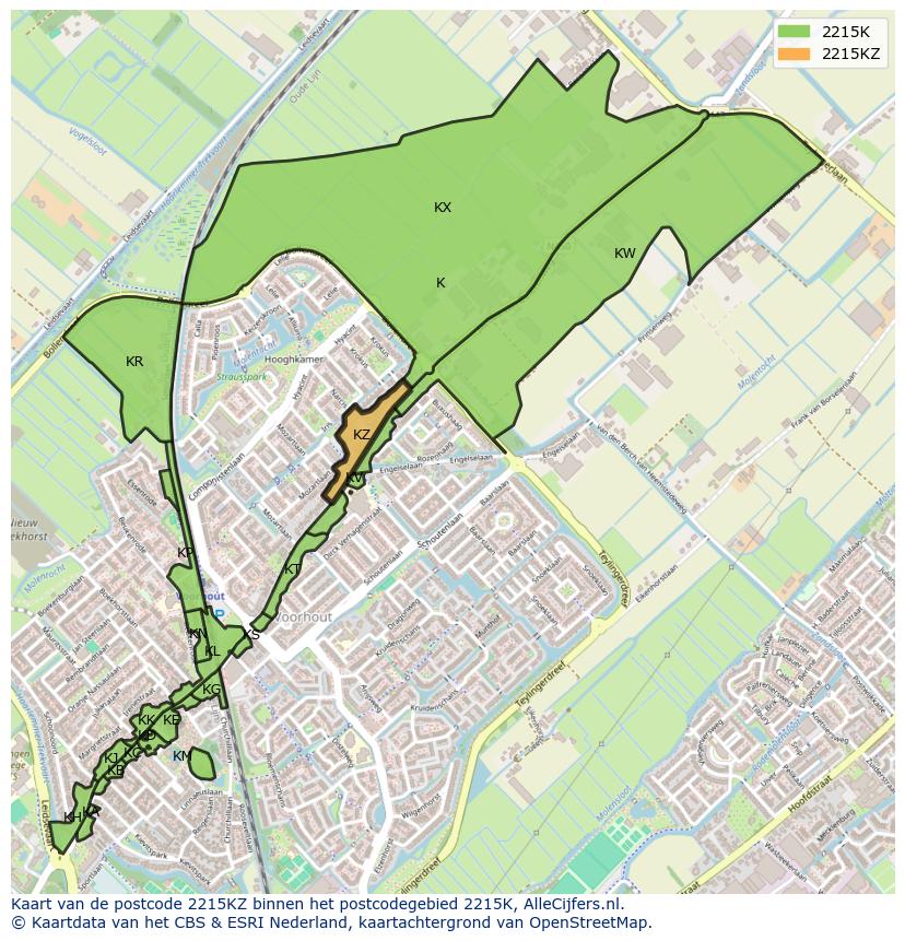 Afbeelding van het postcodegebied 2215 KZ op de kaart.