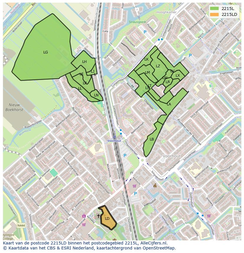 Afbeelding van het postcodegebied 2215 LD op de kaart.