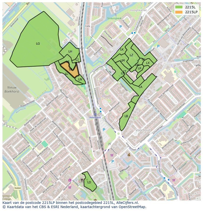 Afbeelding van het postcodegebied 2215 LP op de kaart.