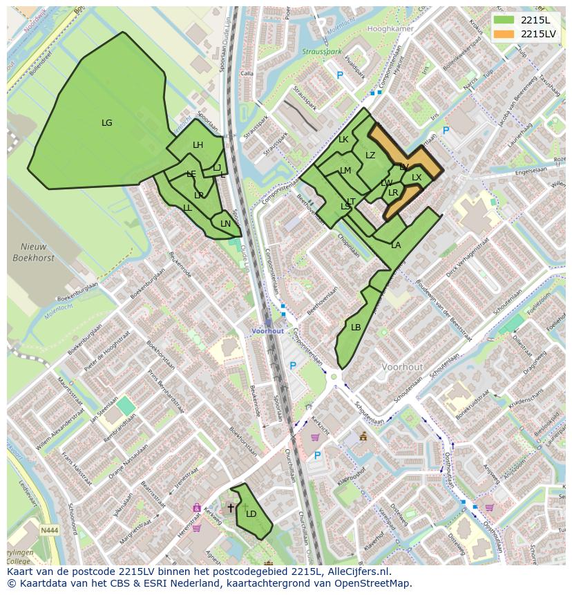 Afbeelding van het postcodegebied 2215 LV op de kaart.