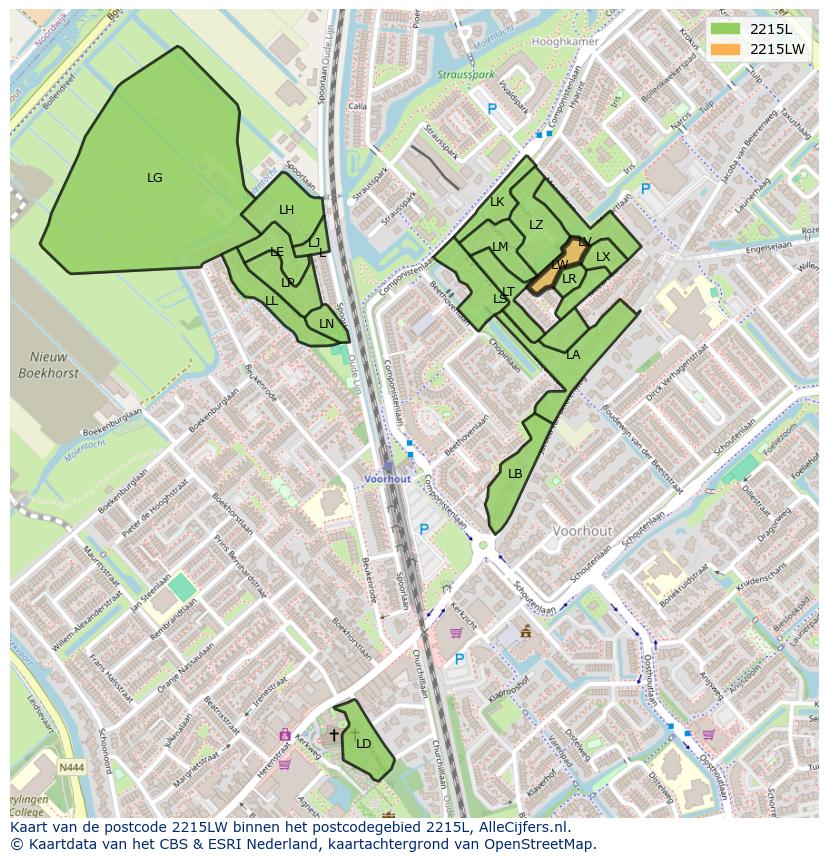 Afbeelding van het postcodegebied 2215 LW op de kaart.