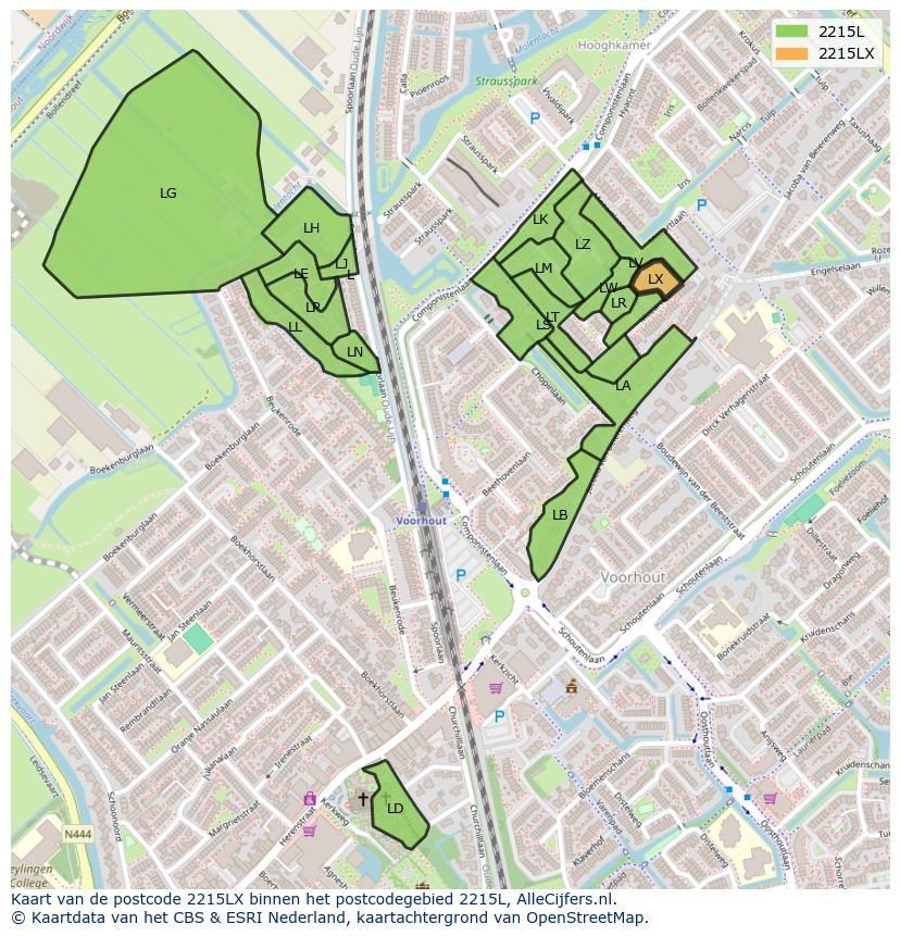 Afbeelding van het postcodegebied 2215 LX op de kaart.