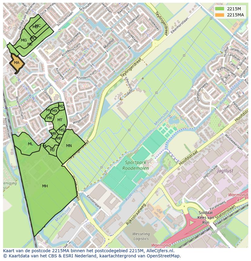 Afbeelding van het postcodegebied 2215 MA op de kaart.