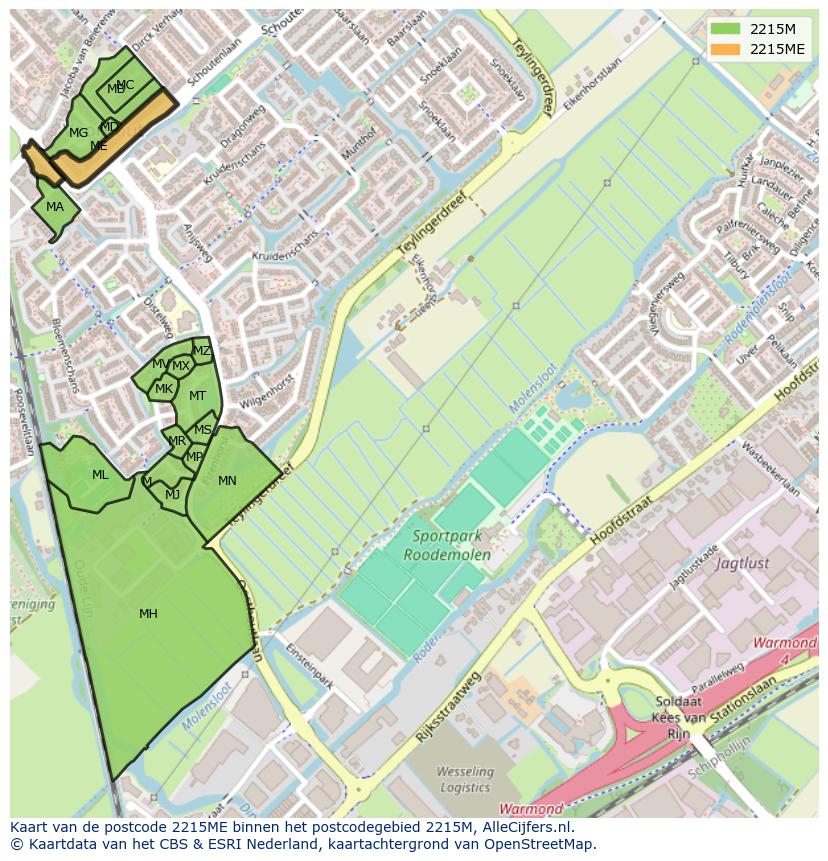 Afbeelding van het postcodegebied 2215 ME op de kaart.