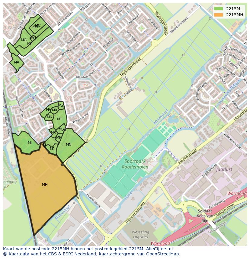 Afbeelding van het postcodegebied 2215 MH op de kaart.