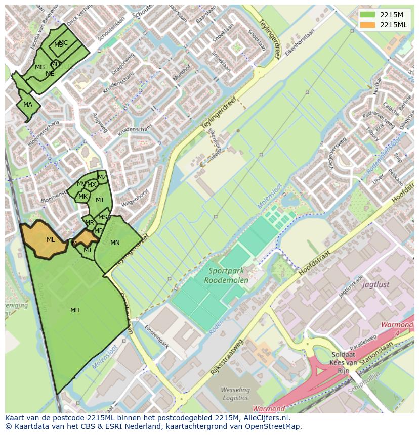 Afbeelding van het postcodegebied 2215 ML op de kaart.