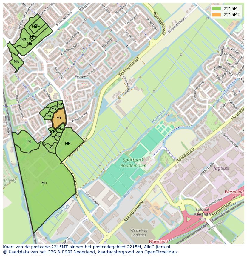 Afbeelding van het postcodegebied 2215 MT op de kaart.