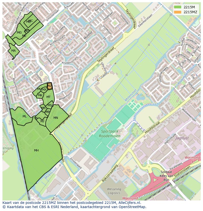 Afbeelding van het postcodegebied 2215 MZ op de kaart.