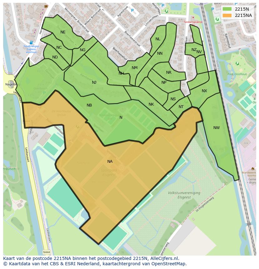 Afbeelding van het postcodegebied 2215 NA op de kaart.