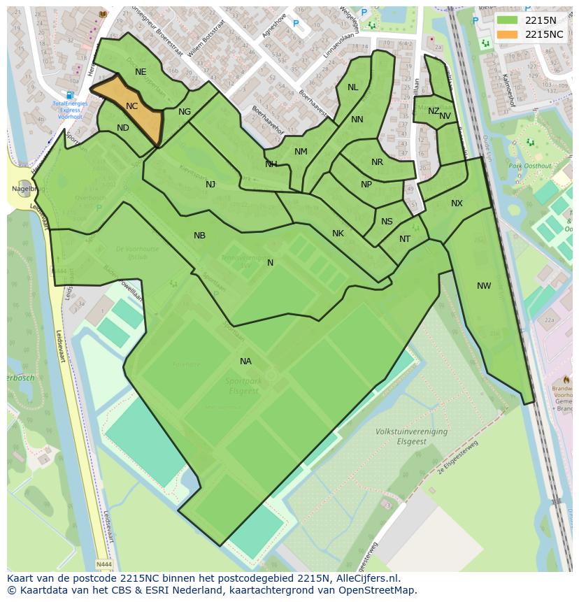 Afbeelding van het postcodegebied 2215 NC op de kaart.