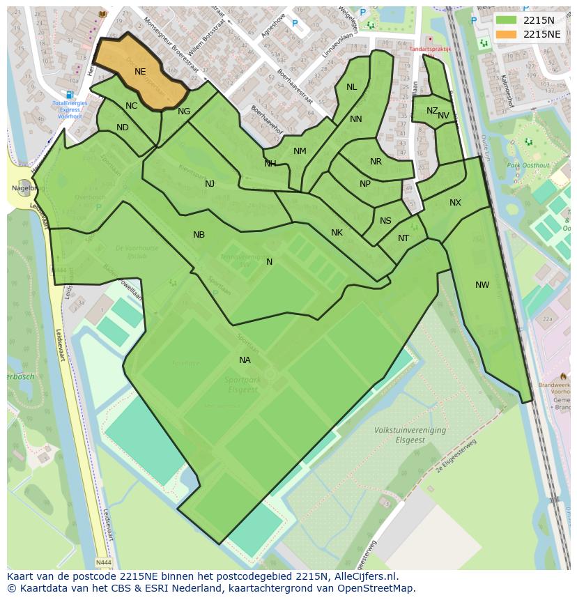 Afbeelding van het postcodegebied 2215 NE op de kaart.