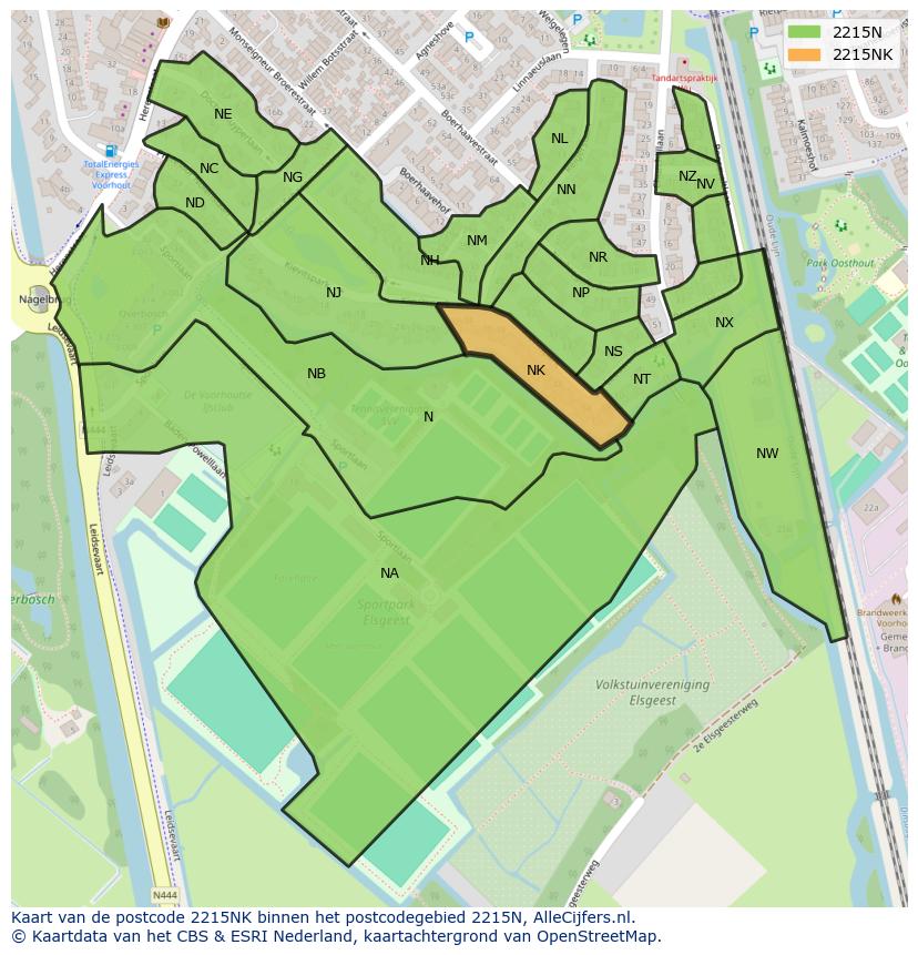 Afbeelding van het postcodegebied 2215 NK op de kaart.