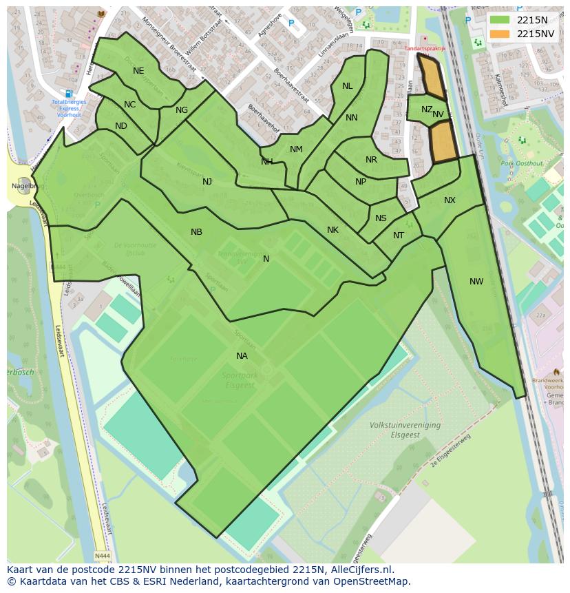 Afbeelding van het postcodegebied 2215 NV op de kaart.