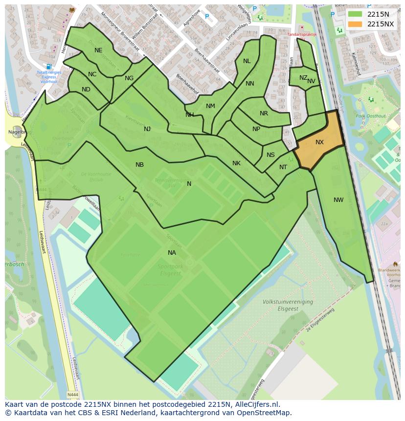 Afbeelding van het postcodegebied 2215 NX op de kaart.