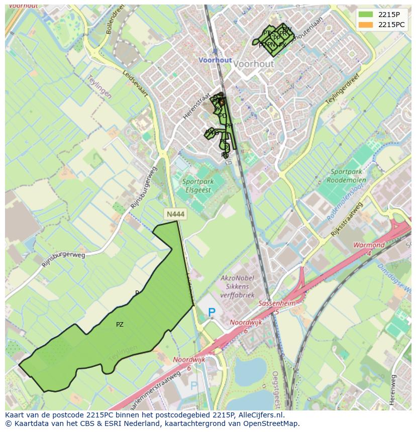 Afbeelding van het postcodegebied 2215 PC op de kaart.