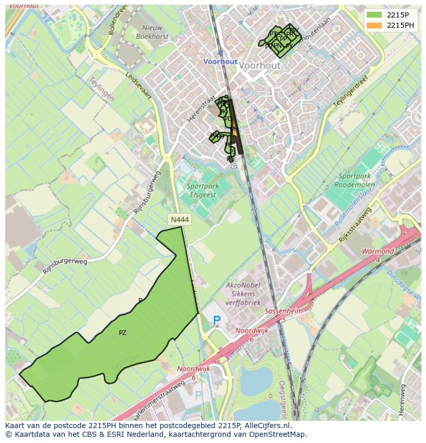 Afbeelding van het postcodegebied 2215 PH op de kaart.