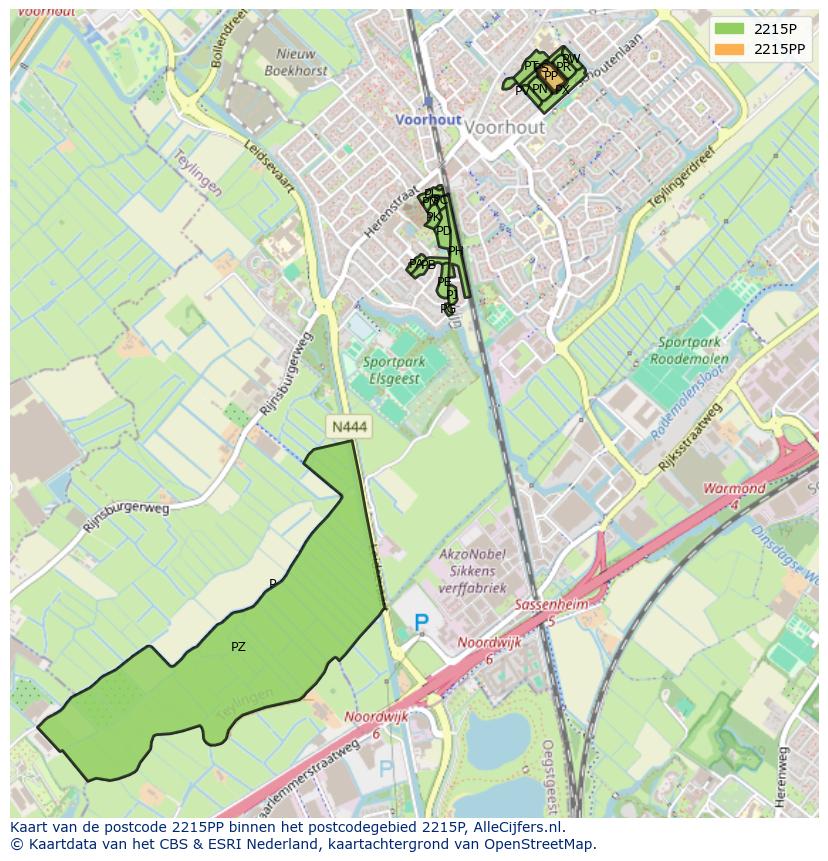 Afbeelding van het postcodegebied 2215 PP op de kaart.
