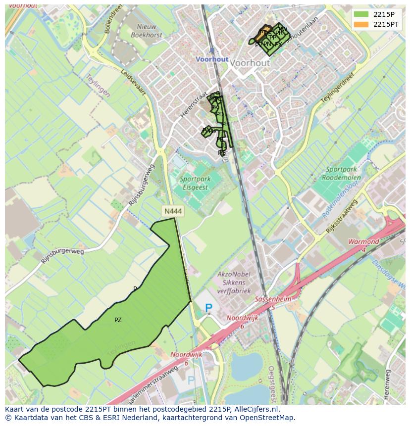 Afbeelding van het postcodegebied 2215 PT op de kaart.