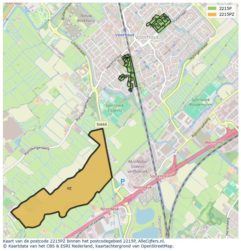 Afbeelding van het postcodegebied 2215 PZ op de kaart.