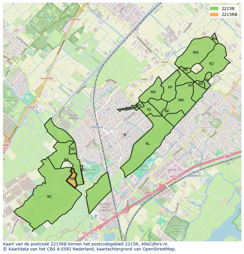 Afbeelding van het postcodegebied 2215 RB op de kaart.