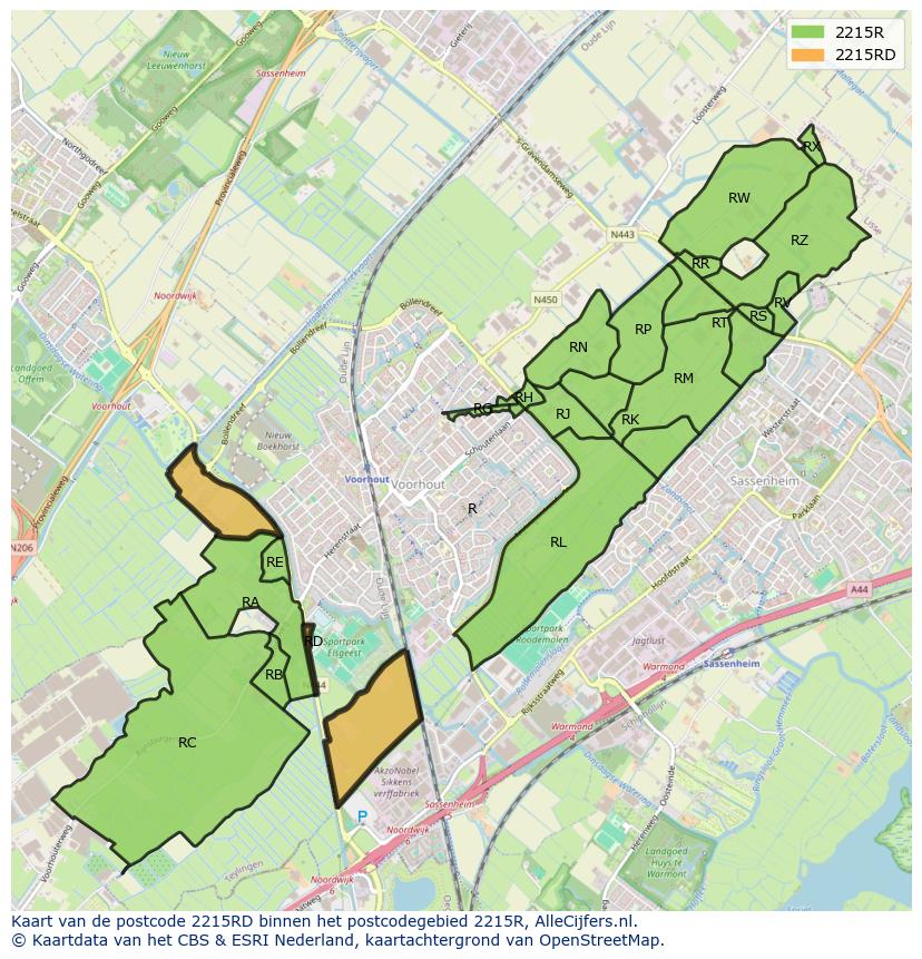 Afbeelding van het postcodegebied 2215 RD op de kaart.