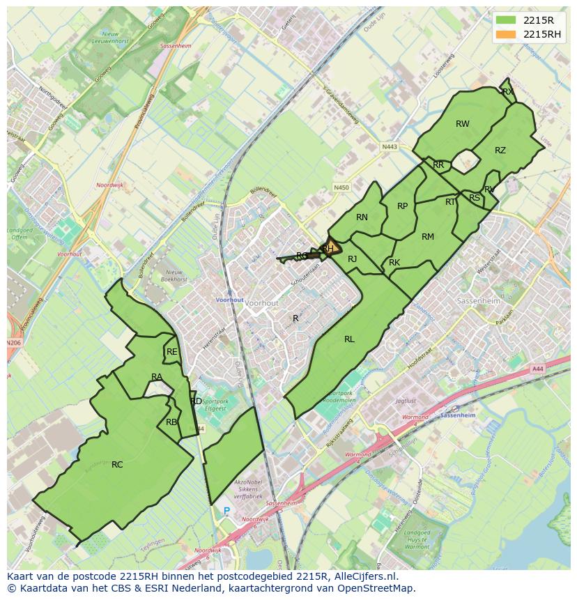 Afbeelding van het postcodegebied 2215 RH op de kaart.