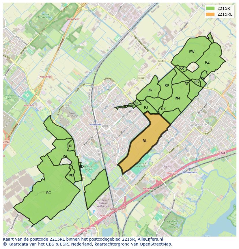 Afbeelding van het postcodegebied 2215 RL op de kaart.
