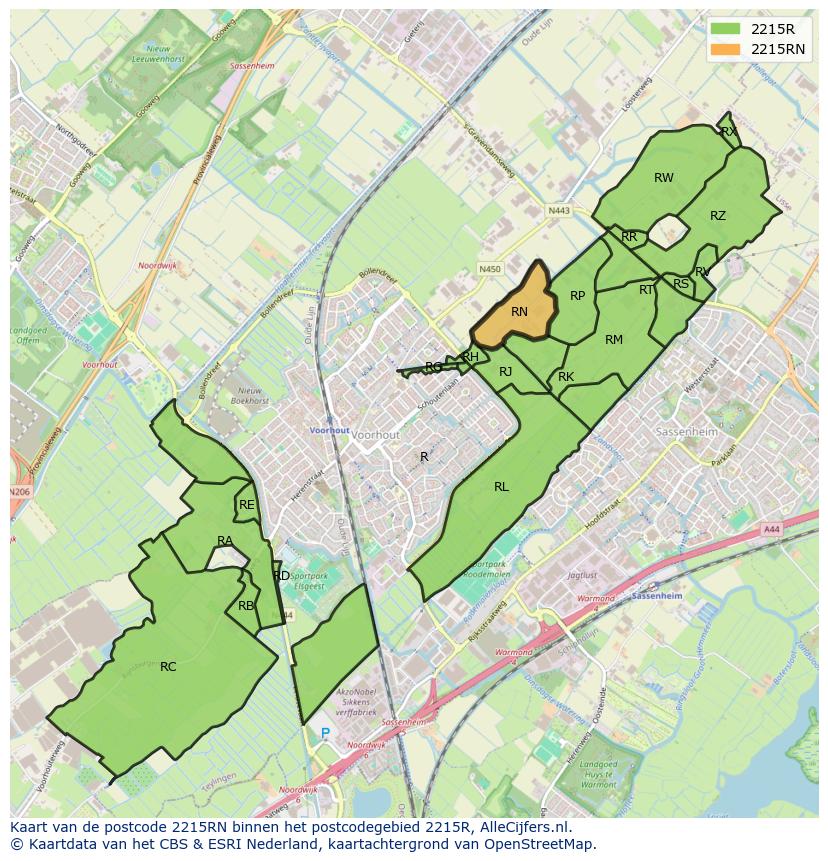 Afbeelding van het postcodegebied 2215 RN op de kaart.