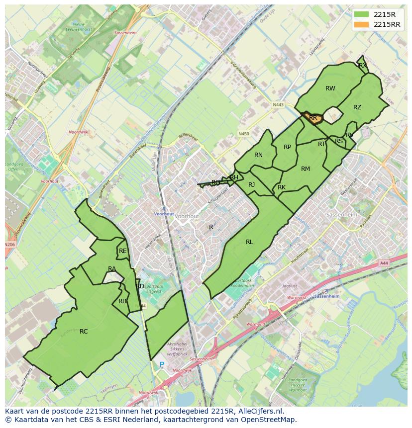 Afbeelding van het postcodegebied 2215 RR op de kaart.