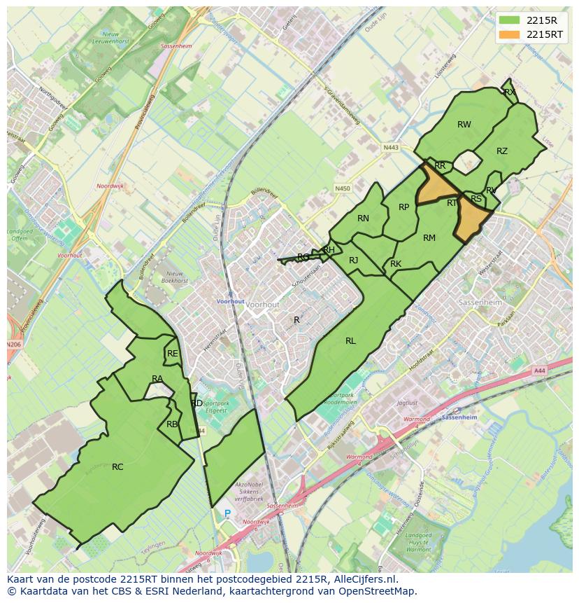 Afbeelding van het postcodegebied 2215 RT op de kaart.